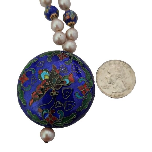 Vintage Hobe' Signed Necklace,  Pendant, Cloisonne, Blue Free-Form 2-Side Design - Picture 6 of 9